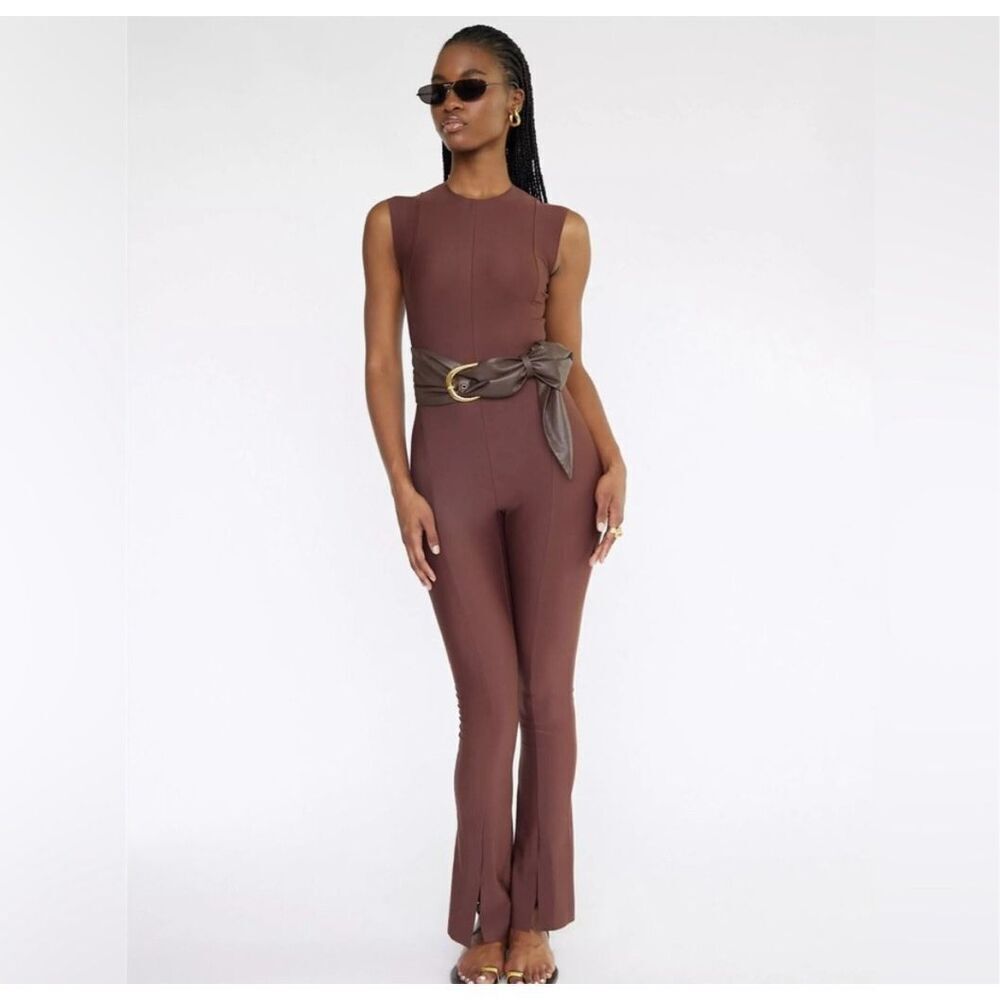 Mott50 Bonito Espresso Brown Sleeveless Catsuit Flare Leg Front Ankle Slit SPF50